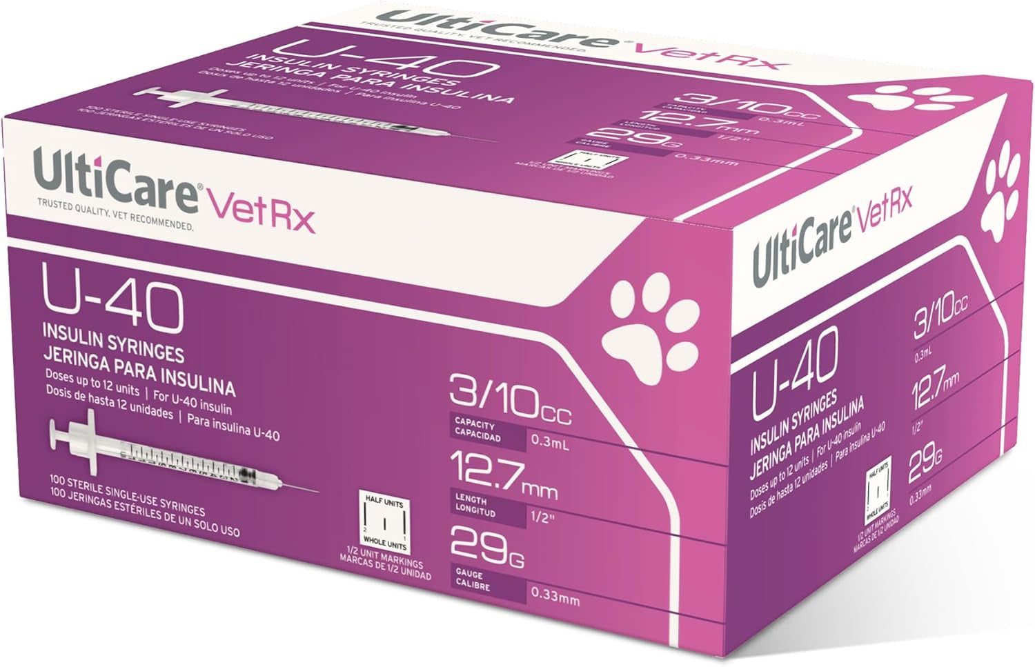 Vetrx U-40 3/10Cc Pet Insulin Syringes - 3/10Cc, 29G X 1/2’’, HALF UNIT Markings, 100 Ct, Comfortable and Accurate Dosing, Compatible with Any U-40 Strength Insulin
