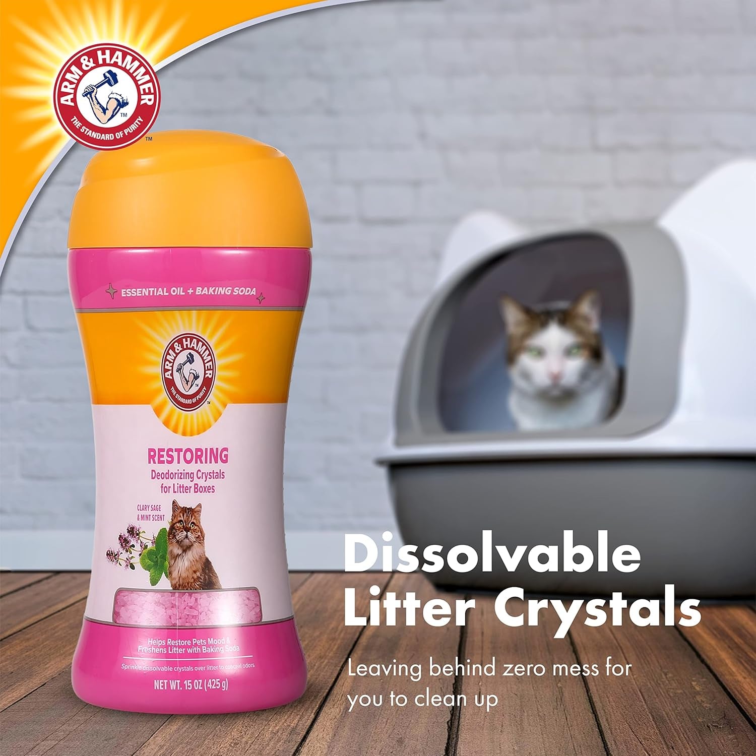 Restoring Cat Litter Box Deodorizing Crystals, Clary Sage & Mint Scent - Cat Smell Eliminator for Home, Odor Control, Cat Litter Crystals, Cat Essentials, 15 Ounce