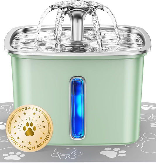 Innovation Award Winner Stainless Steel Cat Water Fountain, 95Oz/2.8L Automatic Pet Fountain Dog Water Dispenser with Replacement Filters & Silicone Mat for Cats, Dogs, Multiple Pets (Tea Green)