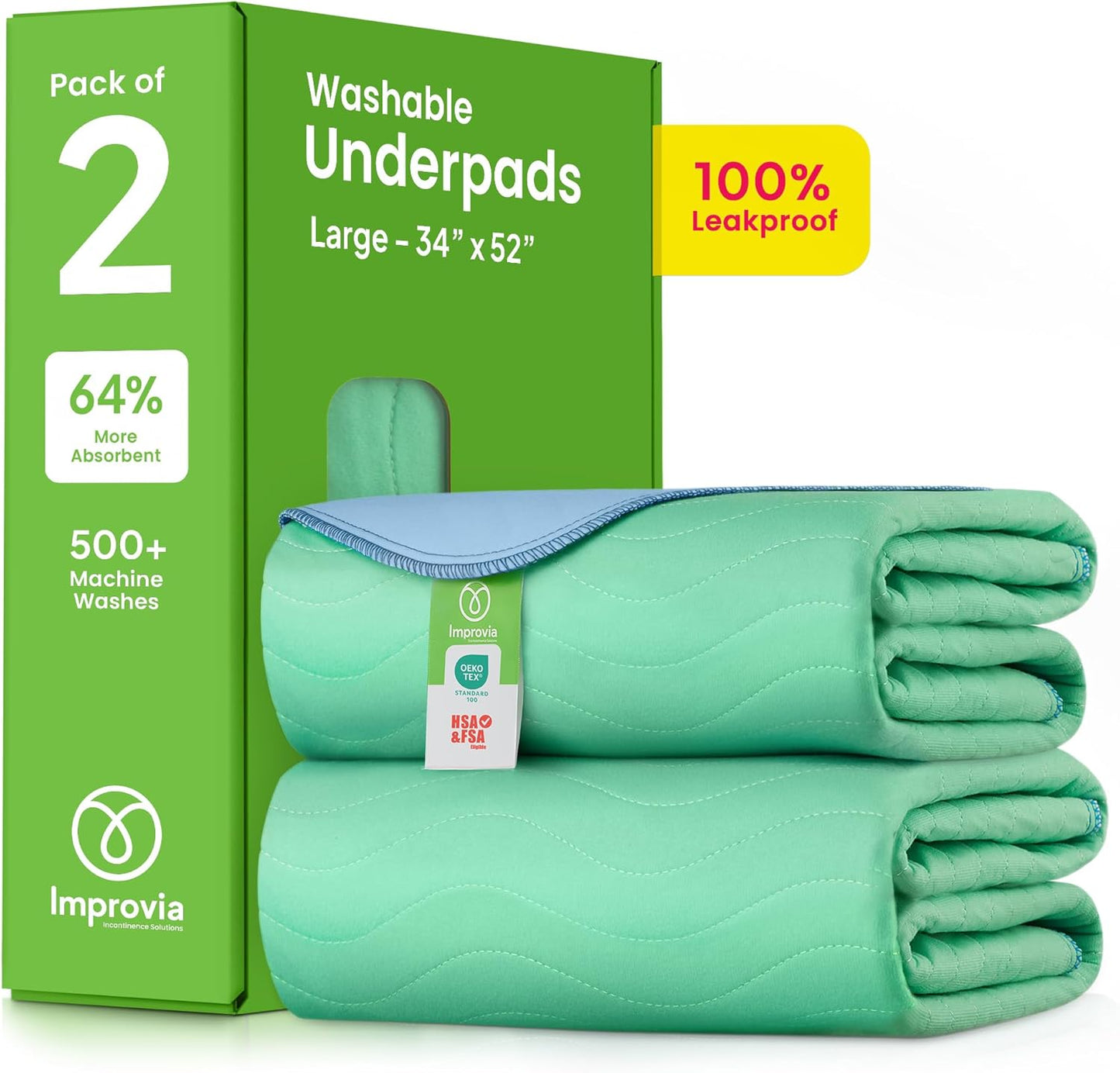 ® Washable Underpads, 34" X 52" (Pack of 2) - Heavy Absorbency Reusable Incontinence Pads for Kids, Adults, Elderly, and Pets - Waterproof Protective Pad for Bed, Couch, Sofa, Furniture, Floor