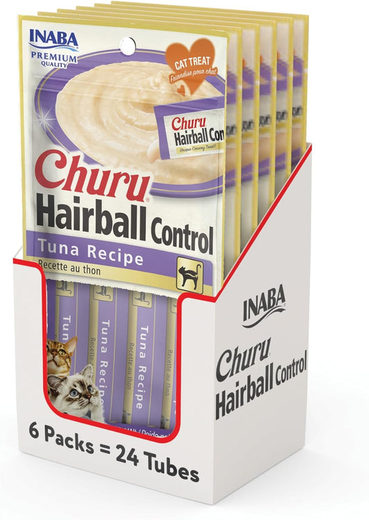 Churu Hairball Control, Functional, Creamy Lickable Purée Cat Treat with Taurine & Vitamin E, 0.5 Ounces Each, 24 Tubes (4 per Pack), Tuna Recipe