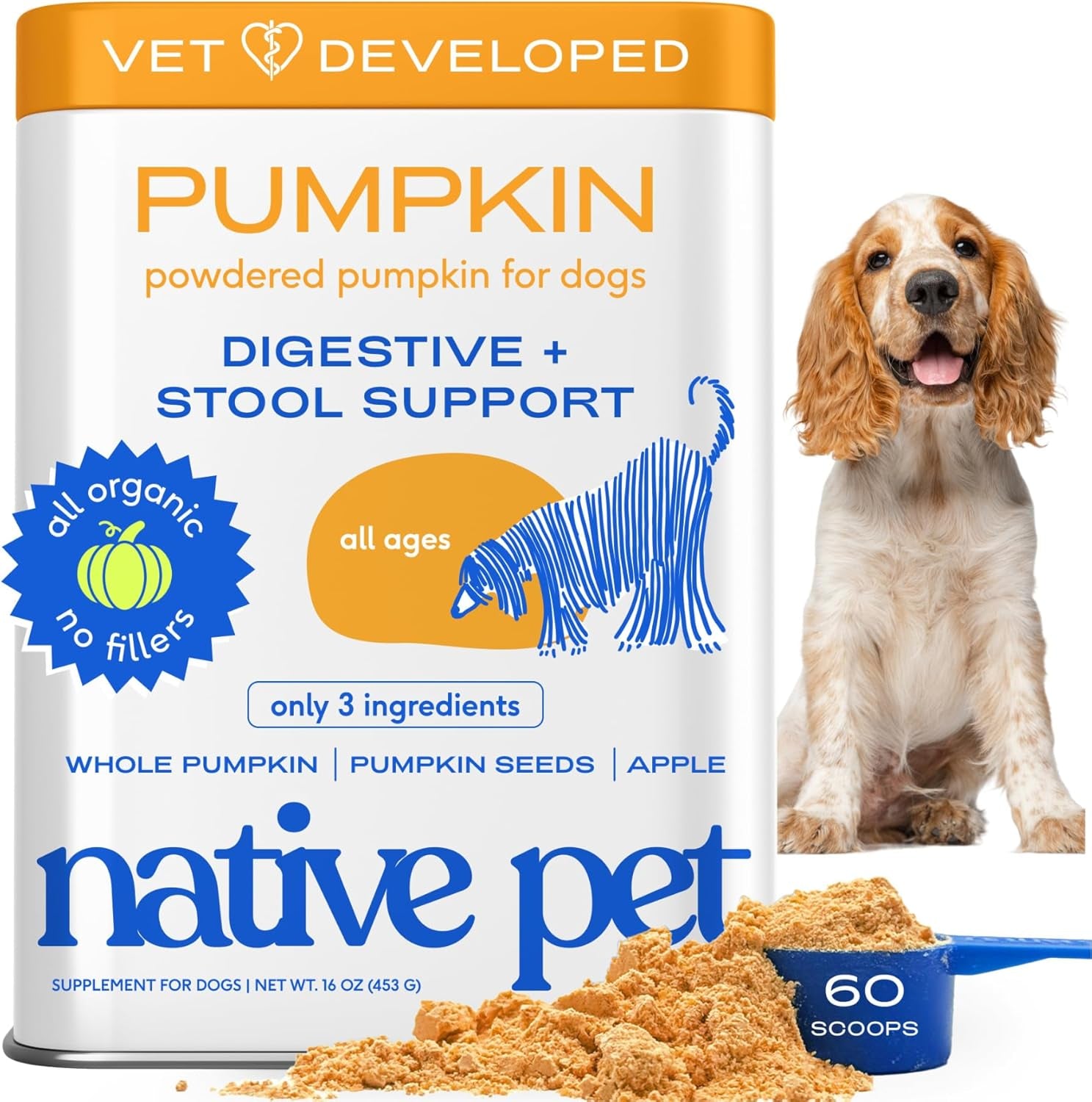 Pumpkin for Dogs - Organic Powder Pumpkin Puree Dog Food Toppers -Rich in Fiber Supplement Powder Helps with Digestion, Nutrient Absorption, Diarrhea, Constipation & Upset Stomach-60 Scoops