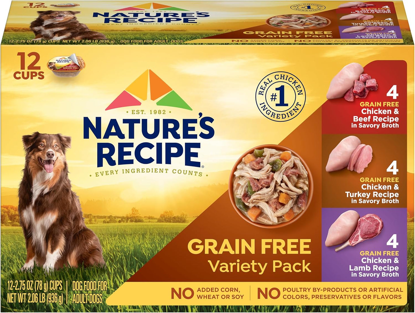 Grain Free Wet Dog Food Variety Pack, Chicken Recipes with Beef, Turkey & Lamb in Savory Broth, 2.75 Oz. Cups (Pack of 12), 2 Count