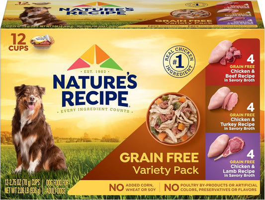 Grain Free Wet Dog Food Variety Pack, Chicken Recipes with Beef, Turkey & Lamb in Savory Broth, 2.75 Oz. Cups (Pack of 12), 2 Count