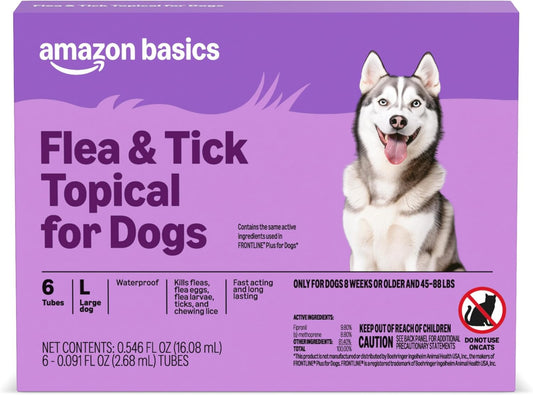 Flea and Tick Topical Treatment for Large Dogs (45-88 Lbs), Unscented, 6 Count (Previously Solimo)