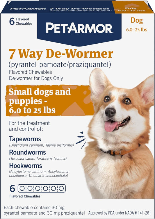7 Way De-Wormer for Dogs, Oral Treatment for Tapeworm, Roundworm & Hookworm in Small Dogs & Puppies (6-25 Lbs), Worm Remover (Praziquantel & Pyrantel Pamoate), 6 Flavored Chewables