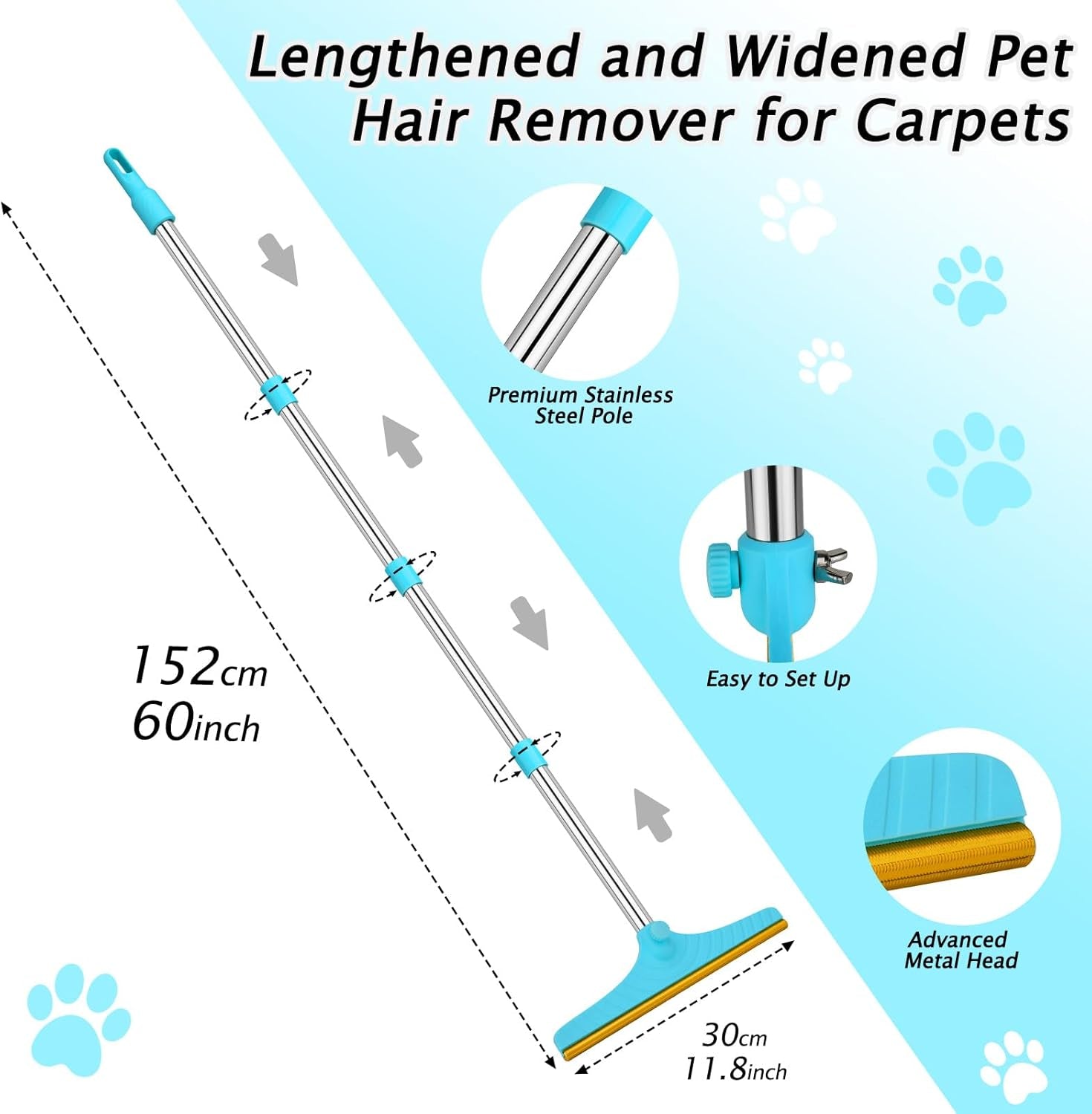 Carpet Rake for Pet Hair Removal - Reusable Pet Hair Remover, 60” Adjustable Long Handle Cat Dog Carpet Rake Scraper with Patented Design, Dog Hair Rake Brush for Rugs, Mats, Couch