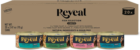 Natural Wet Canned Cat Food, Limited Ingredient, Grain Free, High Protein with No Artificial Additives, Fish Variety in Broth (20 X 2.47 Oz Cans)