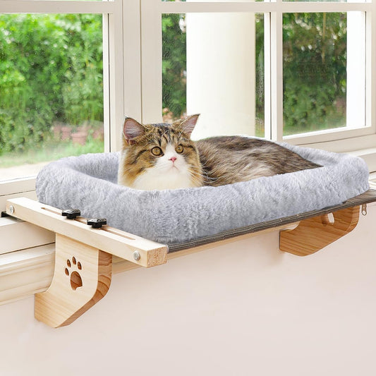 Cat Sill Window Perch Sturdy Hammock Window Seat with Cushion Cover, Wood & Metal Frame for Large Cats, Easy to Adjust Cat Bed for Windowsill, Bedside, Drawer and Cabinet (L)