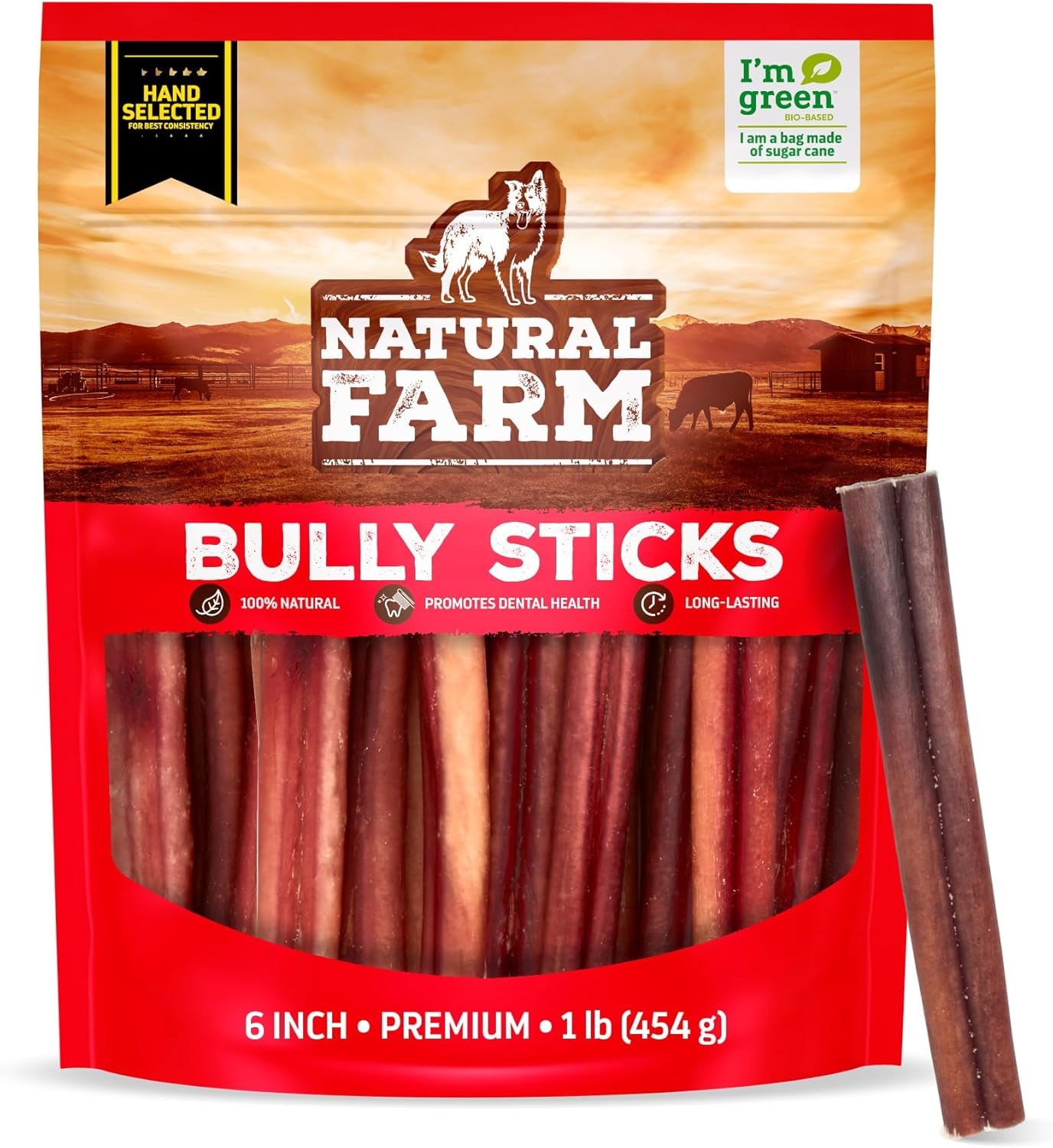 Odor-Free Select Bully Sticks, (6-Inch, 1-Pound), Hand Selected for Consistent Thickness, 100% Beef Pizzle Dog Chews, Fully Digestible, High Protein, Best Dental Treats
