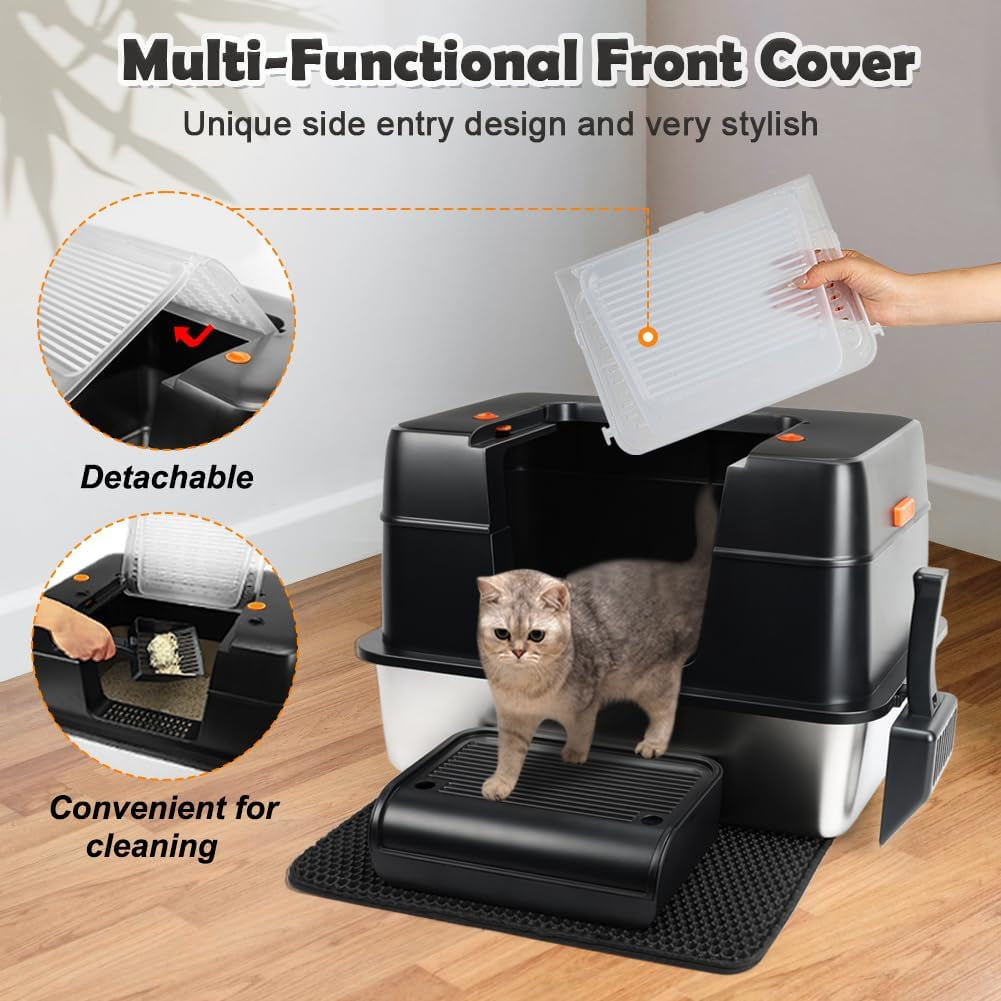 Stainless Steel Litter Box, XL Side Entry Extra Large Litter Box with Lid for Big Cats & Kitty, Removable Enclosed Metal Cat Pan with High Sided Enclosure, Scoop, Mat, Footboard (Black)