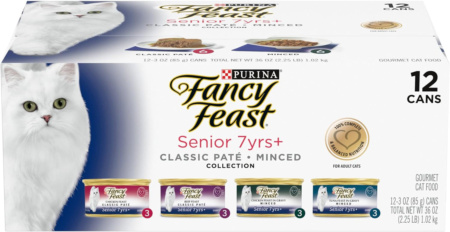 Purina  High Protein Senior Wet Cat Food Variety Pack, Senior 7+ Chicken, Beef & Tuna Feasts - (2 Packs of 12) 3 Oz. Cans