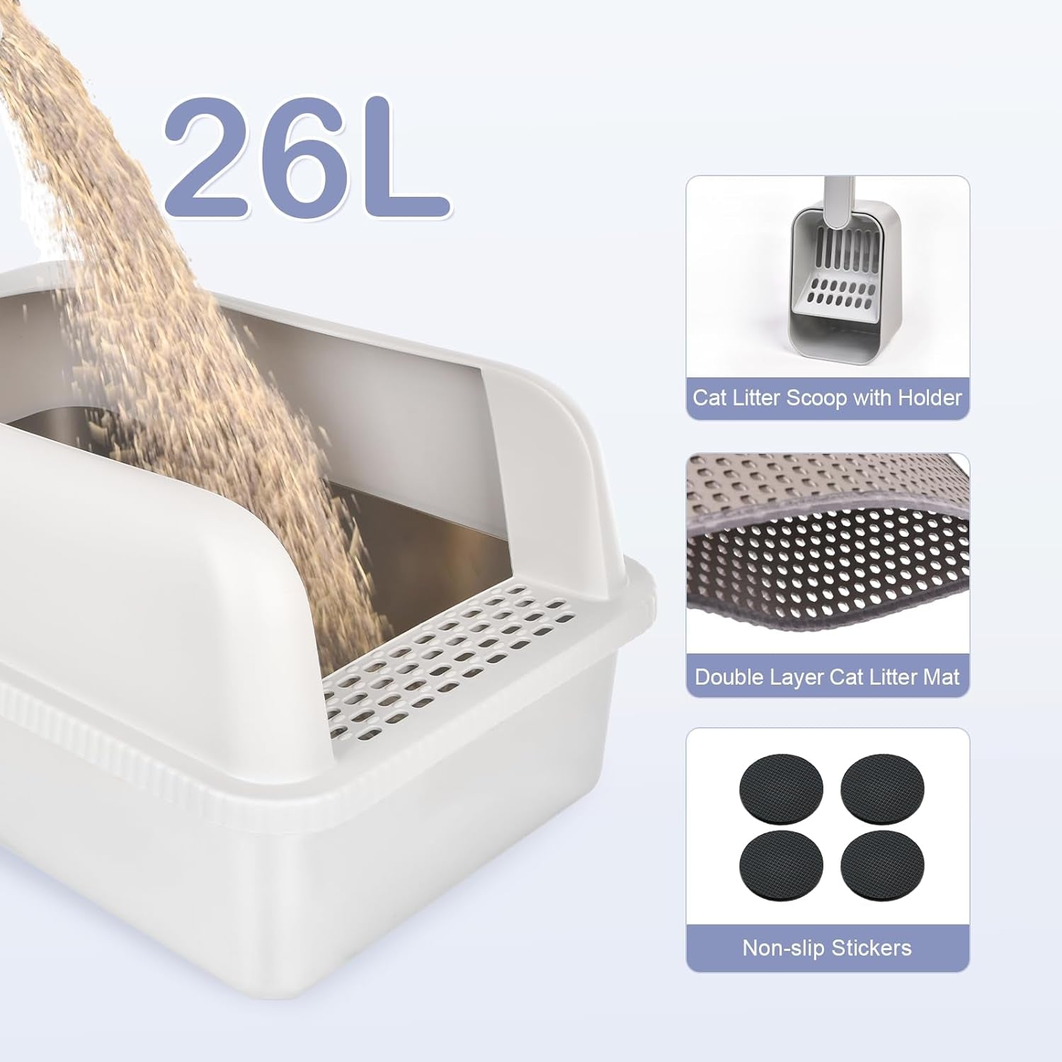 Stainless Steel Cat Litter Box with Lid, 20" L X 14.2" W X 11.8" H, Extra Large Litter Box for Big Cats with High Sided, Anti-Urine Leakage, Easy Cleaning, Include Cat Mat and Scoop