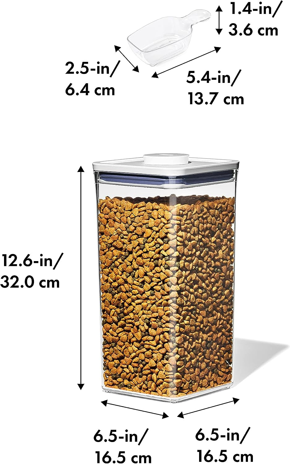 Good Grips Pet POP Container – 6.0 Qt/5.7 L with Half Scoop, Ideal for up to 6.5Lbs of Dog Food or 4.5Lbs of Cat Food, Airtight Dog and Cat Food Storage Container, BPA Free, Clear