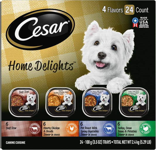 Home Delights Adult Wet Dog Food, Pot Roast with Spring Vegetables, Beef Stew, Turkey, Green Beans, & Potatoes, and Hearty Chicken & Noodle Variety Pack, 3.5 Oz. (24 Count, Pack of 1)