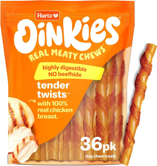 Oinkies Tender Twists with Real Chicken Breast Rawhide-Free Dog Treats, Highly Digestible Dog Chews, 36 Count