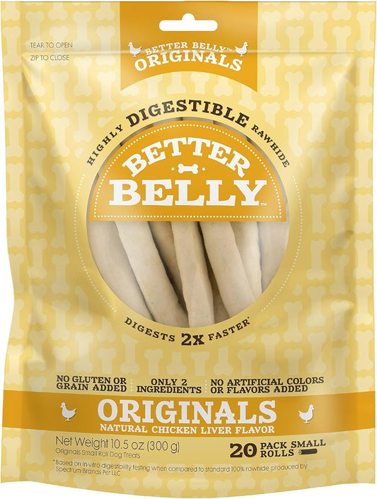 Originals Natural Chicken Liver Flavor Small Rolls 20 Count, Highly Digestible Rawhide