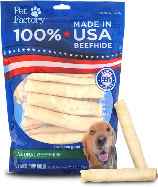 100% Made in USA Beefhide 5" Chip Rolls Dog Chew Treats - Natural Flavor, 22 Count/1 Pack