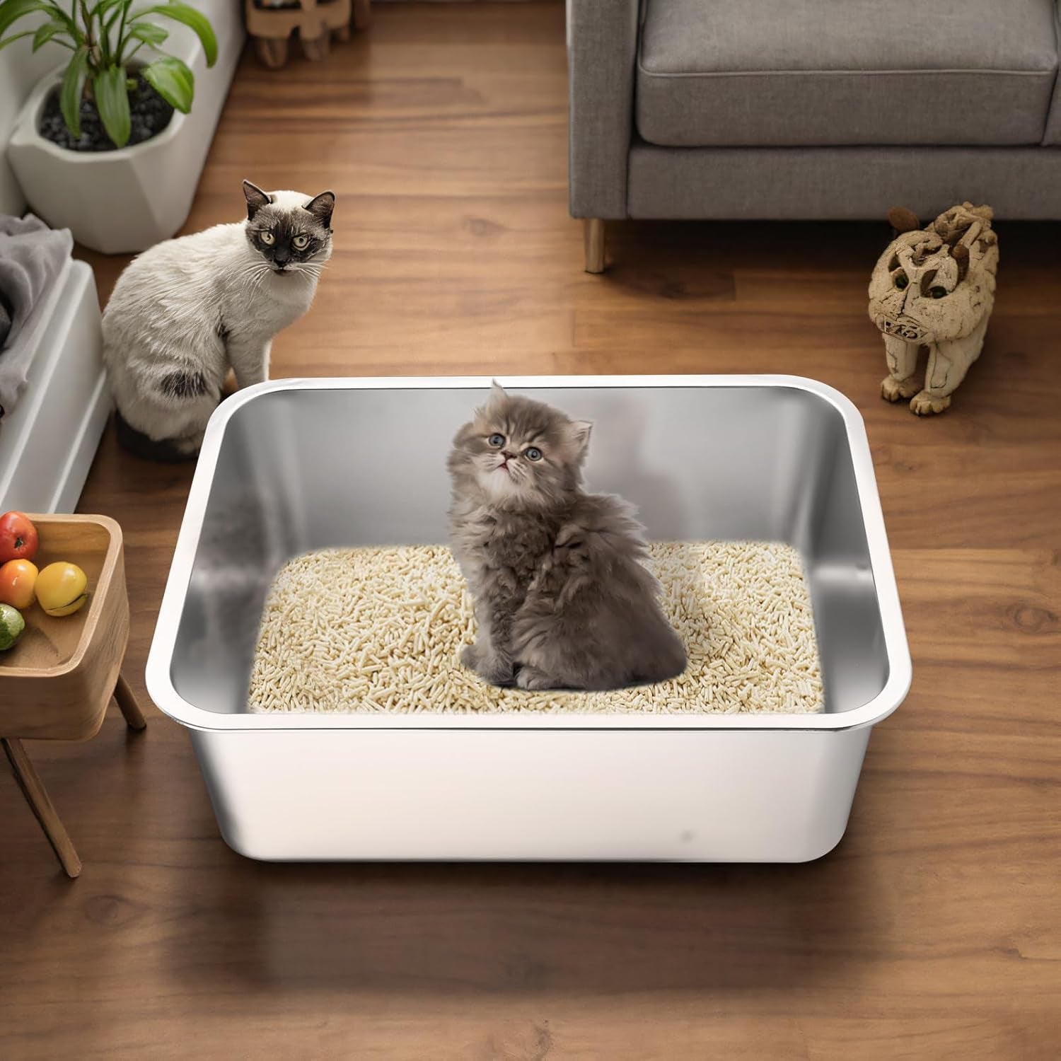 Stainless Steel Cat Litter Box - Large Metal High-Sided Litter Pan for Cats, Rabbits, and Pets, Non-Stick, Odor-Free, Easy to Clean, Splash-Proof, Sturdy and Durable Indoor Cat Toilet Supplies
