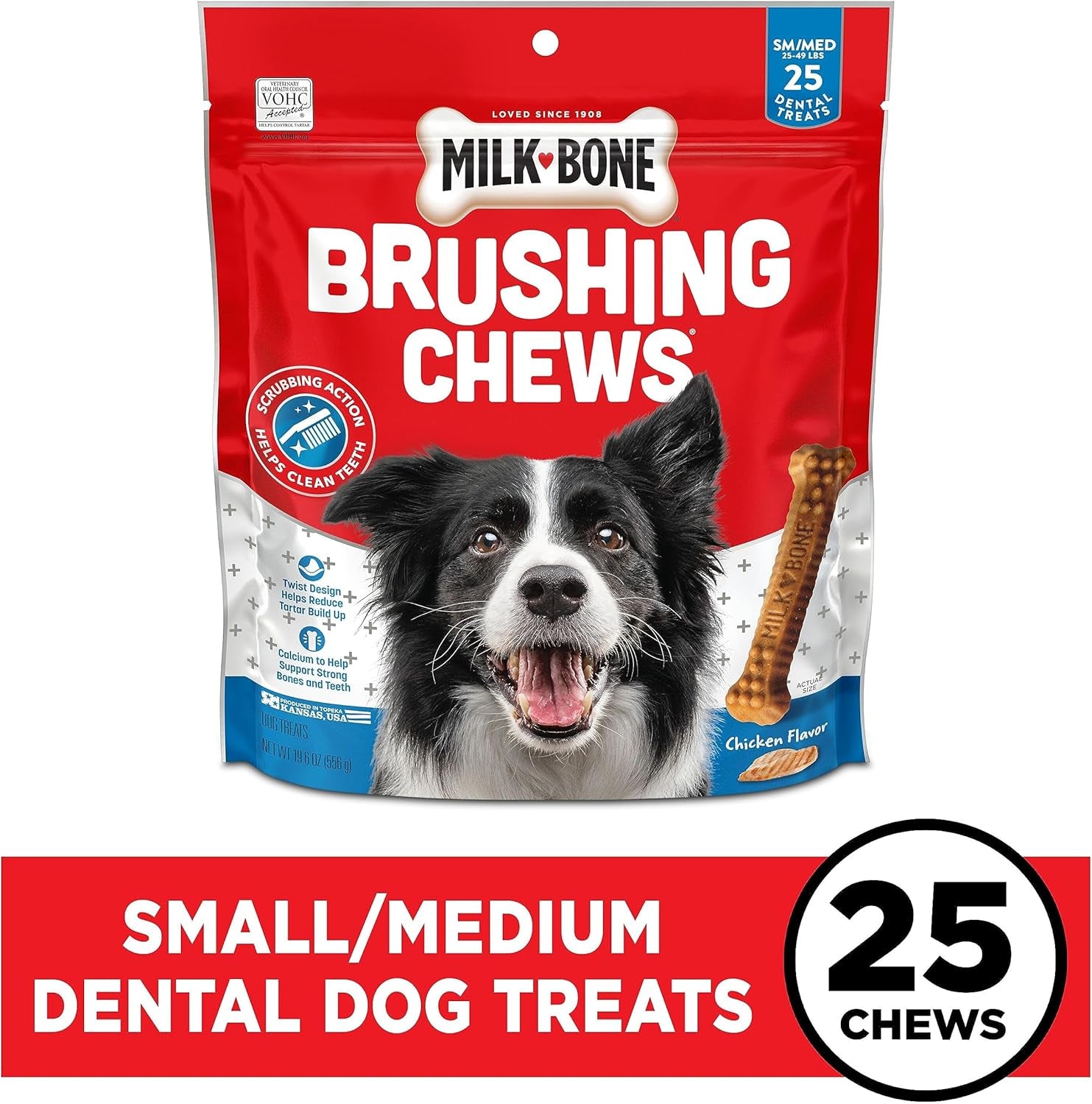 Original Brushing Chews, 25 Small/Medium Daily Dental Dog Treats Scrubbing Action Helps Clean Teeth