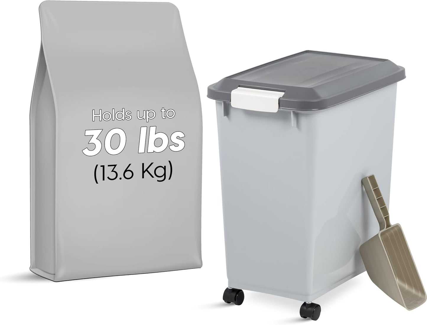 Dog Food Storage Container with Wheels, Airtight Lid, 2-Cup Scoop, up to 30 Pounds Pet Food Storage, Built in Scoop Storage in Lid, Versatile Pet Food Bin, Portable, BPA Free, Gray/Dark Gray