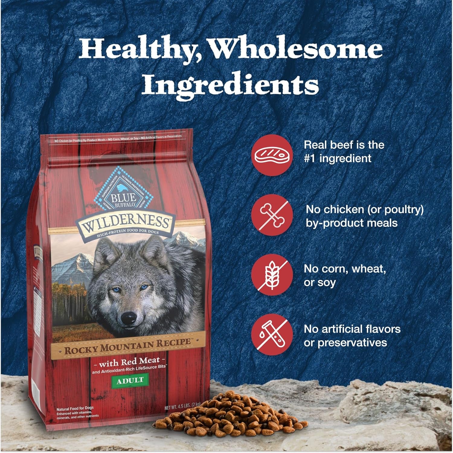 Wilderness Rocky Mountain High-Protein Adult Dry Dog Food Wholesome Grains Red Meat, 24Lb. Bag