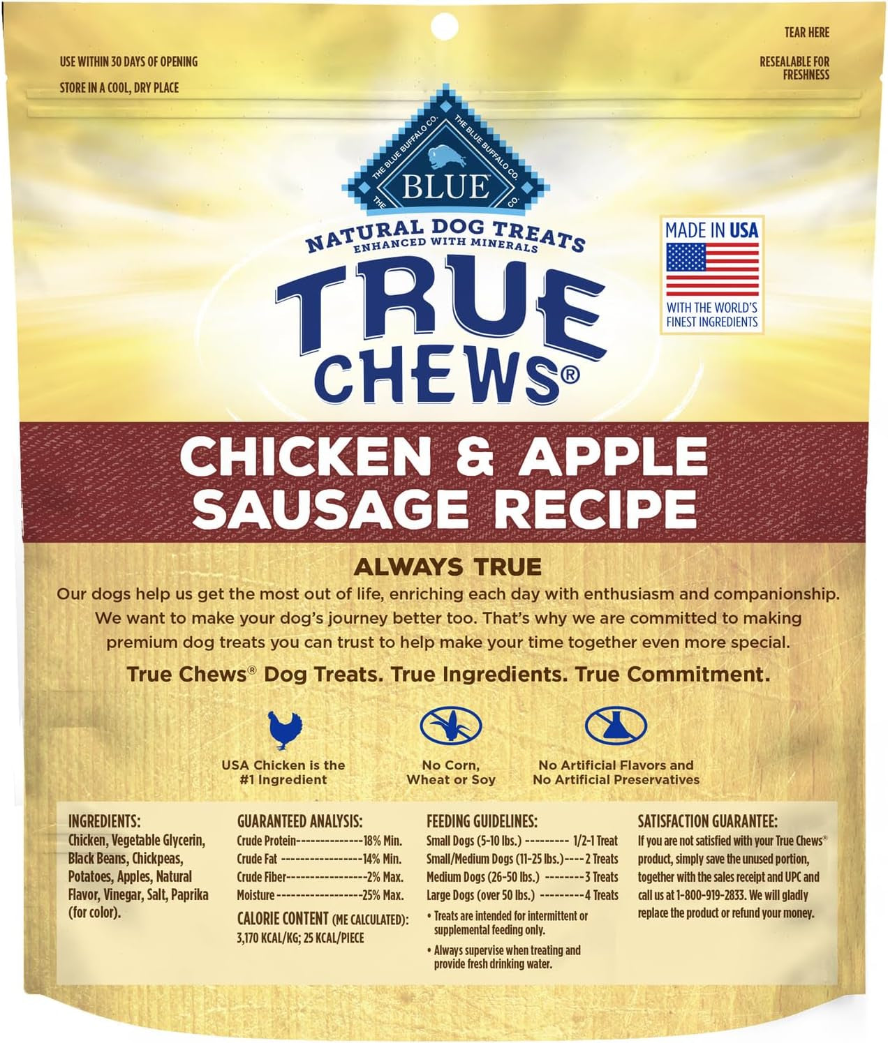 True Chews Dog Treats, Made in the USA with Natural Ingredients, Chicken and Apple Sausage Recipe, 12-Oz Bag