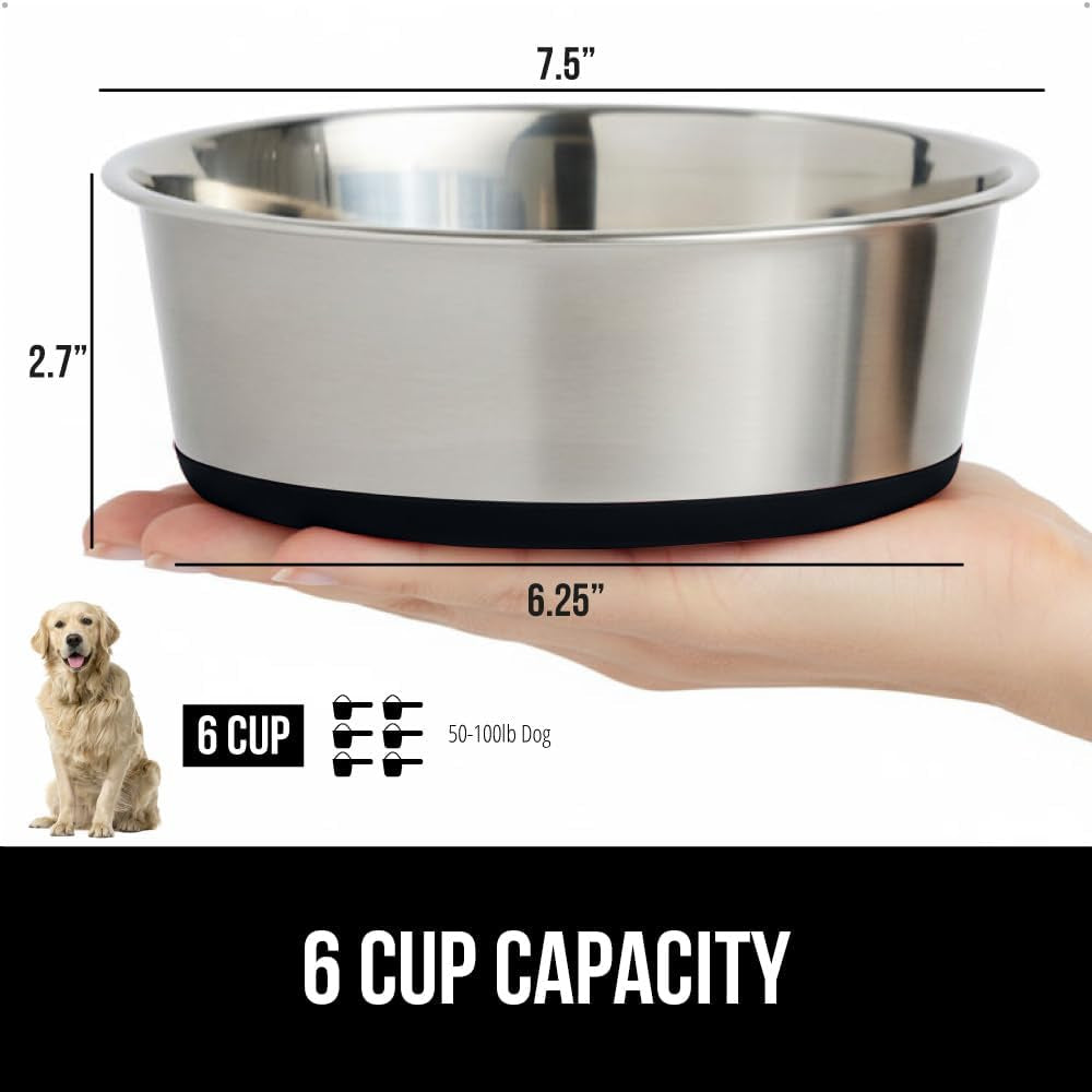 Set of 2 Dog Bowls, Holds 6 Cups (48 Fl Oz), Heavy Duty Metal Food and Water Bowl for Feeding Dogs and Cats, Dishwasher Safe, Rust Resistant Stainless Steel, BPA Free Rubber Base, Black
