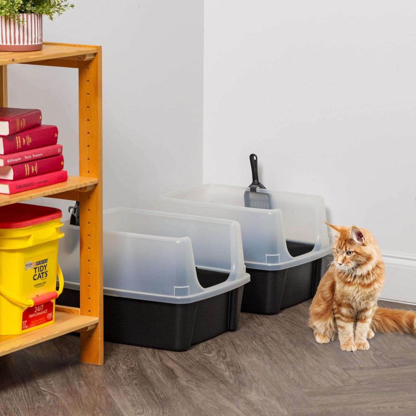 USA 2 Pack Large Cat Litter Boxes with Scatter Shield and Scoop, Open Top High Sided Cat Litter Pan, Black