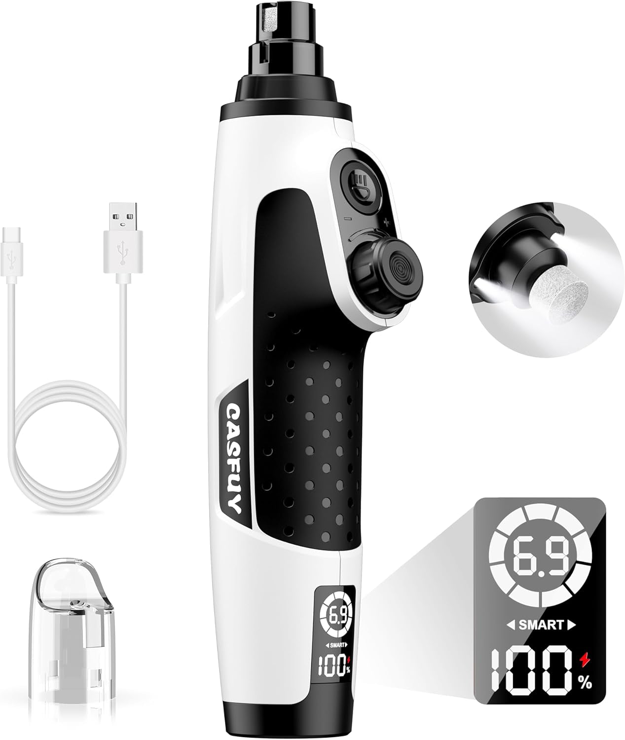 Smart 6-Speed Dog Nail Grinder - 50% More Power Pet Nail Grinder with 2 LED Lights Quiet Rechargeable Electric Dog Nail Trimmers File Toenail Grinder for Large Medium Small Dogs & Cats (White)