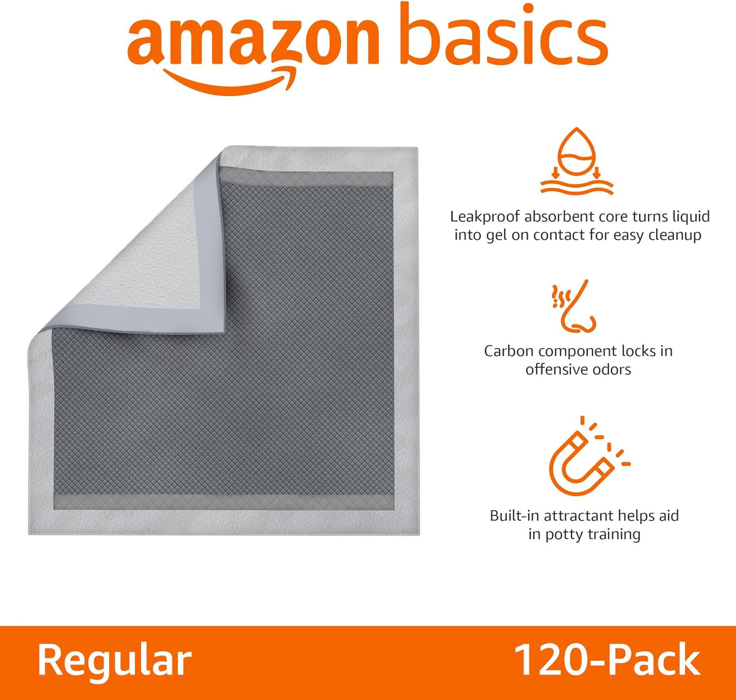 Carbon Odor-Control Dog and Puppy Pee Pads, 5-Layer Leak-Proof Super Absorbent, Quick-Dry Surface, Potty Training, Regular (22X22"), 120 Count, Gray
