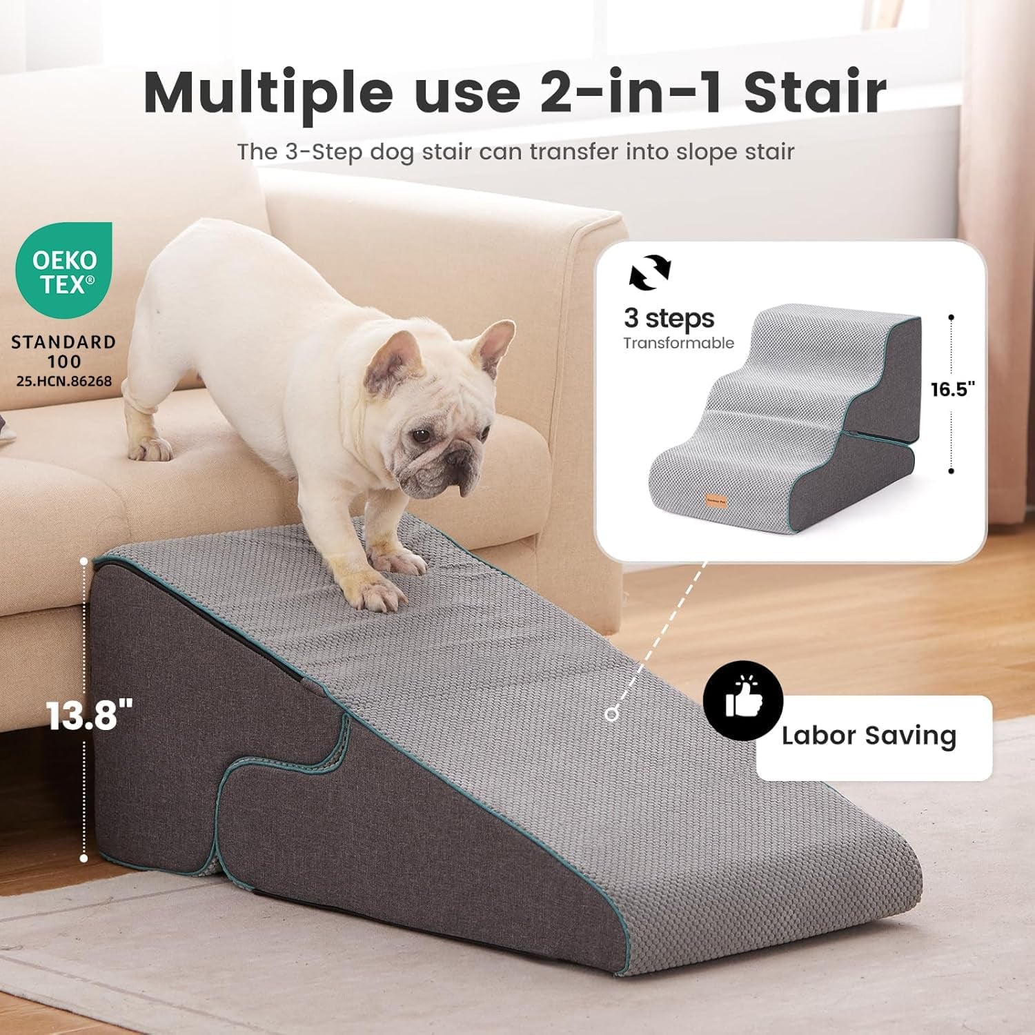 Dog Stairs for Small Dogs 16.5" H, 2 in 1 Transformable 3-Step Pet Stairs and Ramp, Dog Steps for Couch (13-20 In) with Durable Non-Slip Waterproof Cover and Certipur-Us Certified Foam