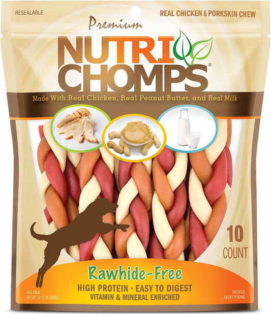 Nutrichomps Dog Chews, 6-Inch Braids, Easy to Digest, Rawhide-Free Dog Treats, Healthy, 10 Count, Real Chicken, Peanut Butter and Milk Flavors