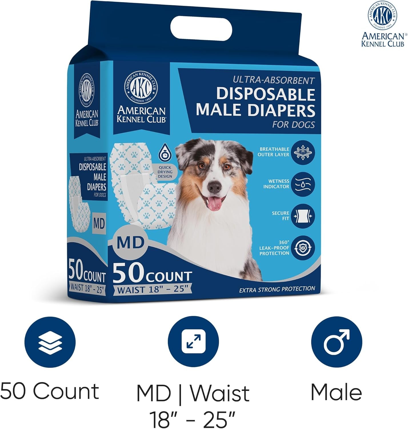 Male Dog Wrap, Disposable Diapers with Wetness Indicator, Medium, 50 Count