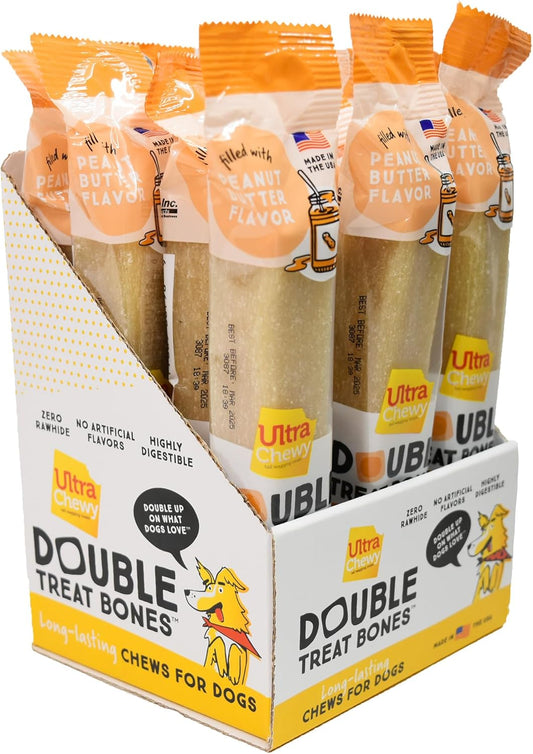Peanut Butter Double Treat Bones: Long-Lasting Dog Treats Made in USA for Large and Small Breeds, Highly Digestible, Ideal for Aggressive Chewers (12 Count)