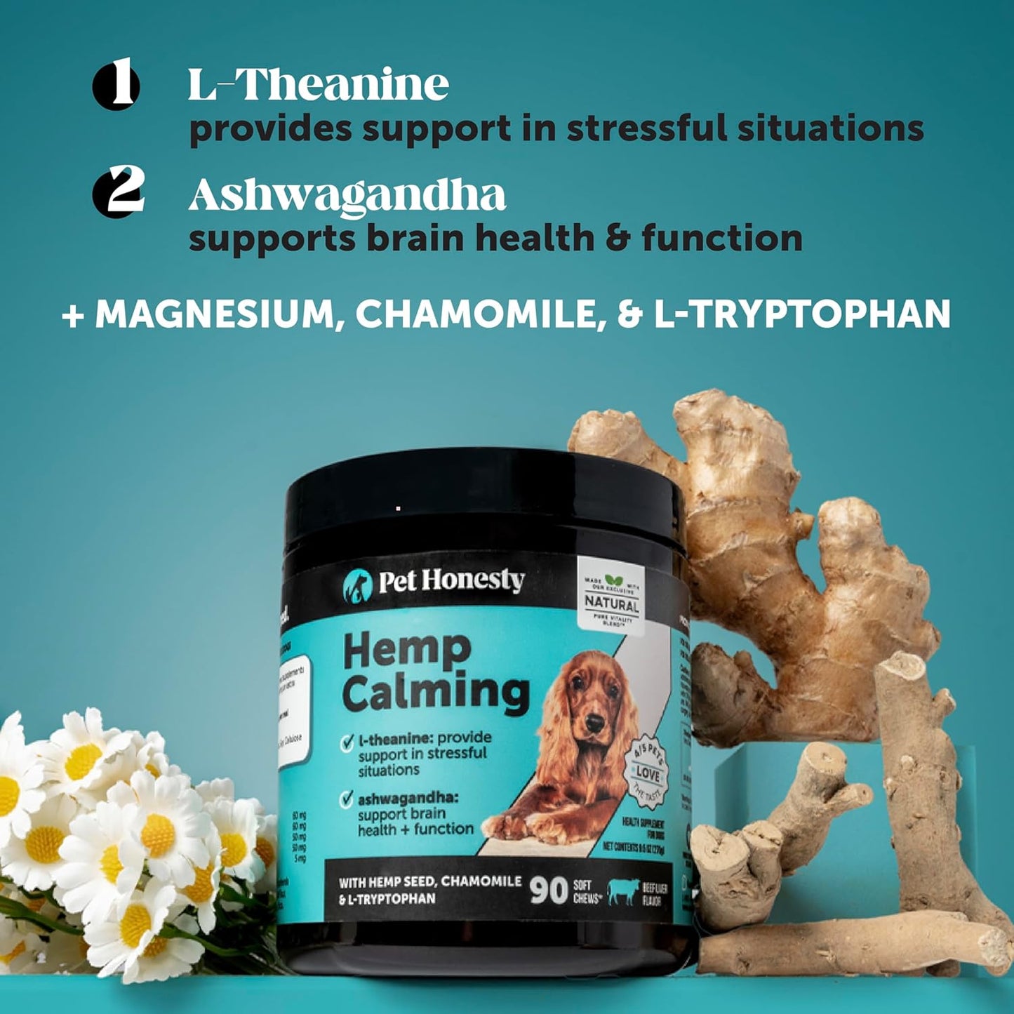 Natural Hemp Calming Chews for Dogs - Dog Anxiety Relief - Calming Aid Supplement with Valerian Root, Chamomile, + Magnesium - Stress, Separation & Thunder Support - (Beef Liver, 90 Count)