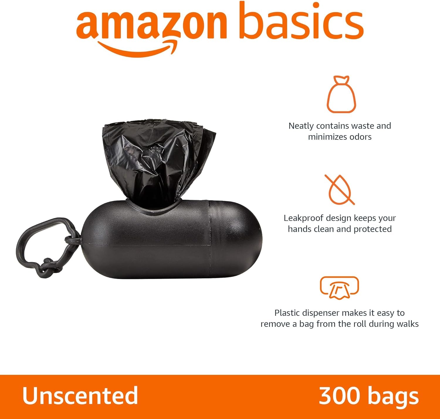 Dog Poop Leak Proof Bags with Dispenser and Leash Clip, Unscented, 300 Count, 20 Pack of 15, Black, 13 X 9 Inch