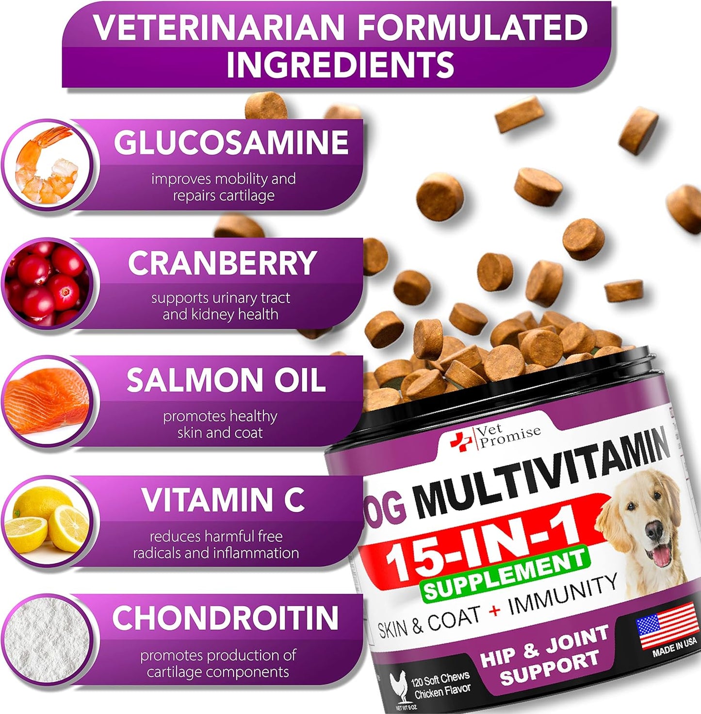 Dog Multivitamin Chewable with Glucosamine - Dog Vitamins and Supplements - Senior & Puppy Multivitamin for Dogs - Pet Joint Support Health - Immunity - Mobility - Energy - Gut - Skin - 120 Chews
