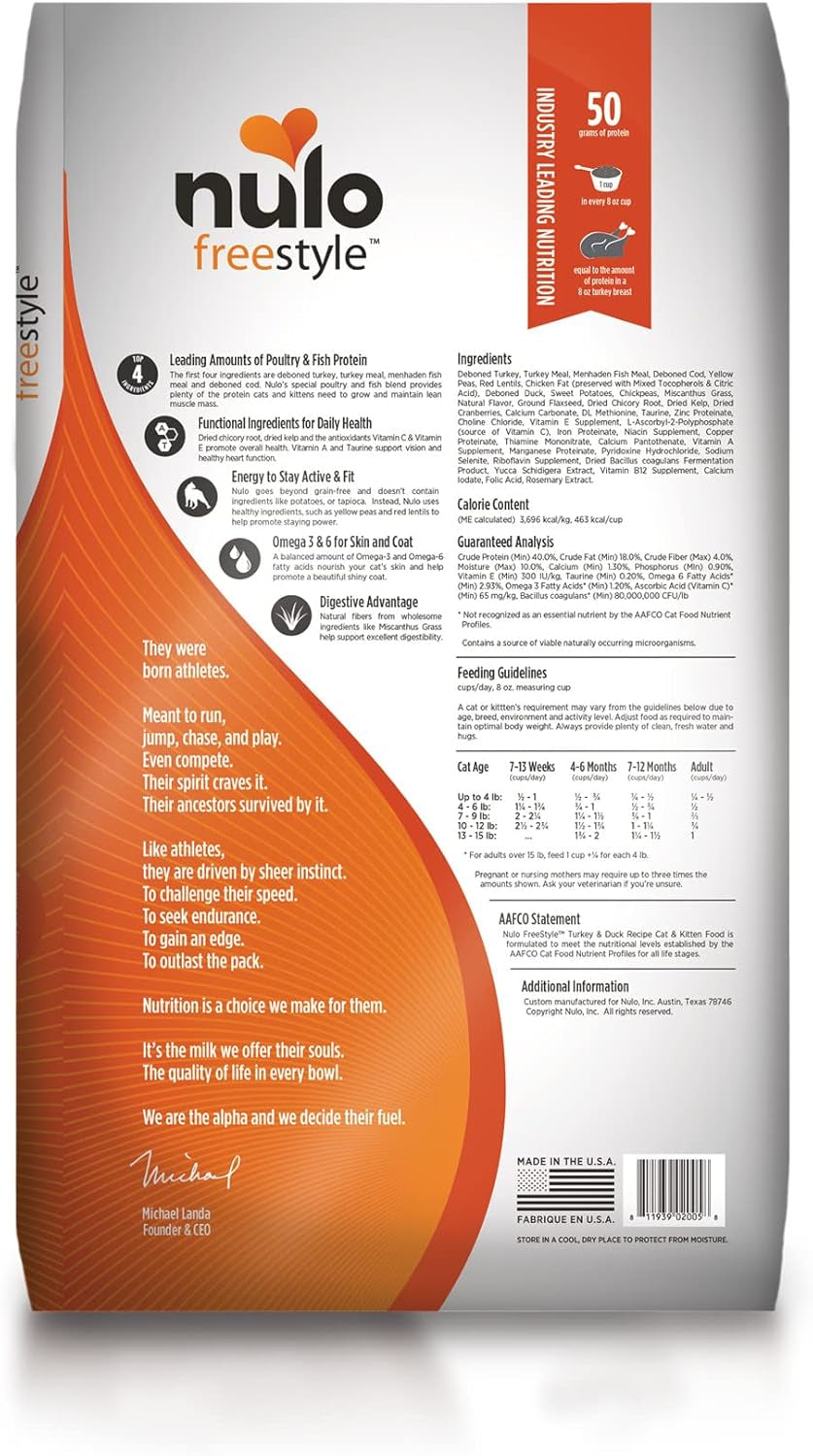 Freestyle High Protein Cat & Kitten Food, Turkey & Duck Recipe - Natural Grain-Free Dry Cat Food with Omega Fatty Acids & Probiotics, 14 Lb Bag