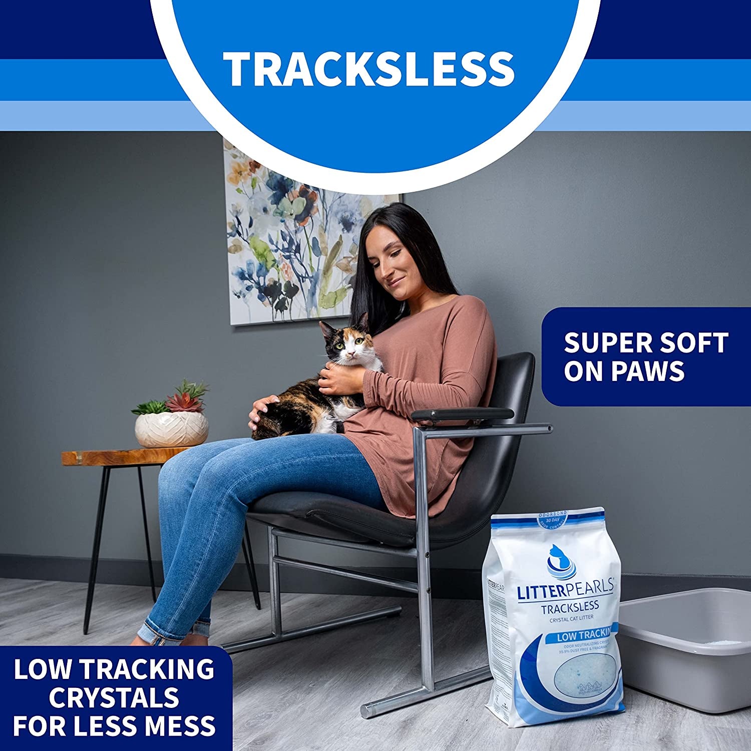 Tracksless Unscented Non-Clumping Crystal Cat Litter with Odorbond, 7 Lb, White, Clear and Blue Crystals