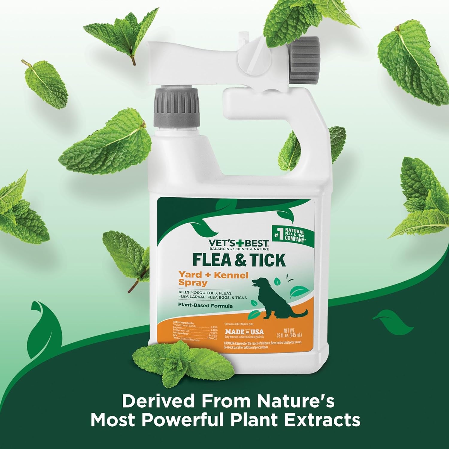 Natural Flea and Tick Yard and Dog Kennel Spray, Plant Safe Tick Spray for Yard with Ready-To-Use Hose Attachment, Mosquito Repellent with Natural Oils, Flea Prevention for Dogs, 32 Ounce