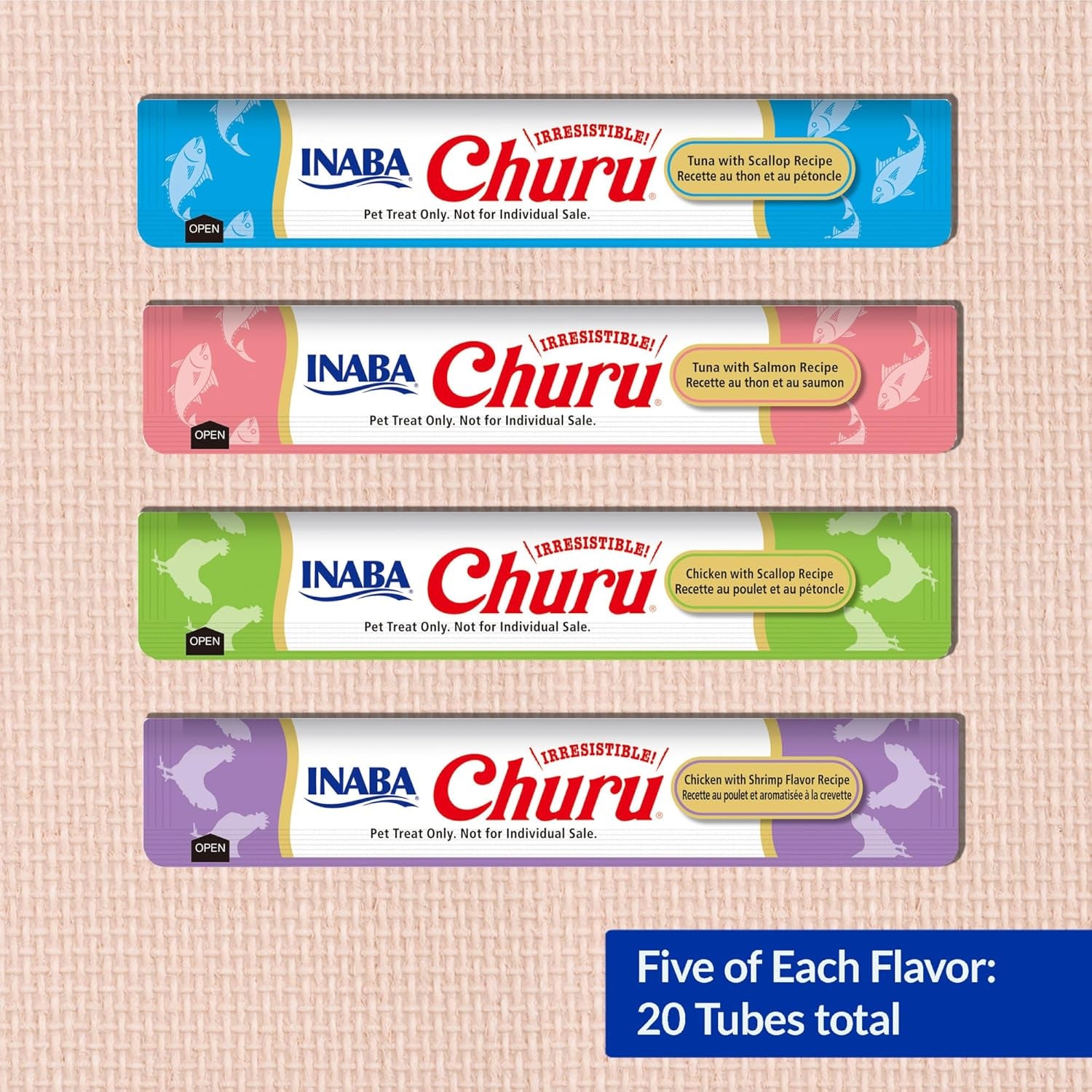 Churu Cat Treats, Lickable, Squeezable Creamy Purée Cat Treat with Green Tea Extract & Taurine, 0.5 Ounces Each Tube, 20 Tubes, Seafood Variety