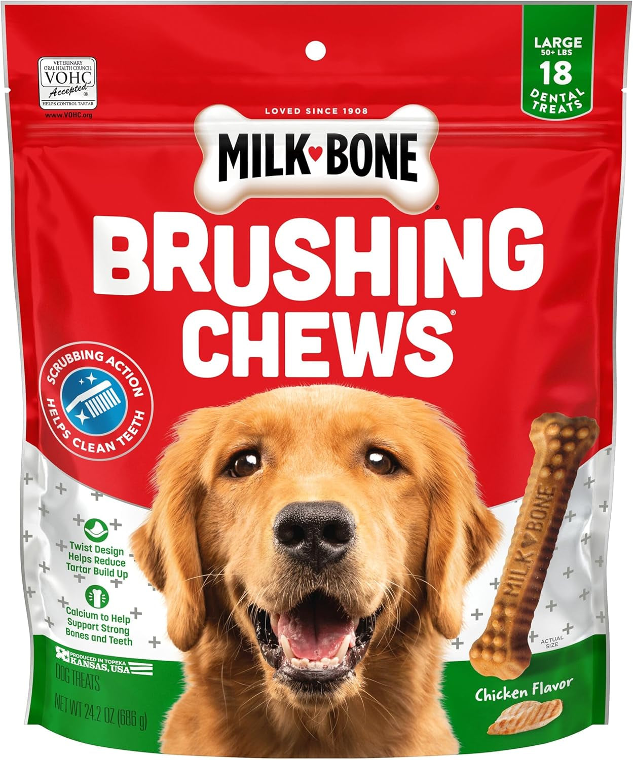 Original Brushing Chews 18 Large Daily Dental Dog Treats Scrubbing Action Helps Clean Teeth