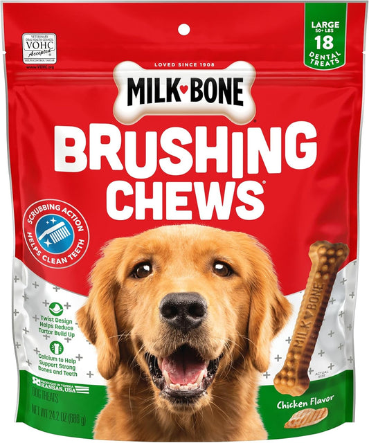 Original Brushing Chews 18 Large Daily Dental Dog Treats Scrubbing Action Helps Clean Teeth
