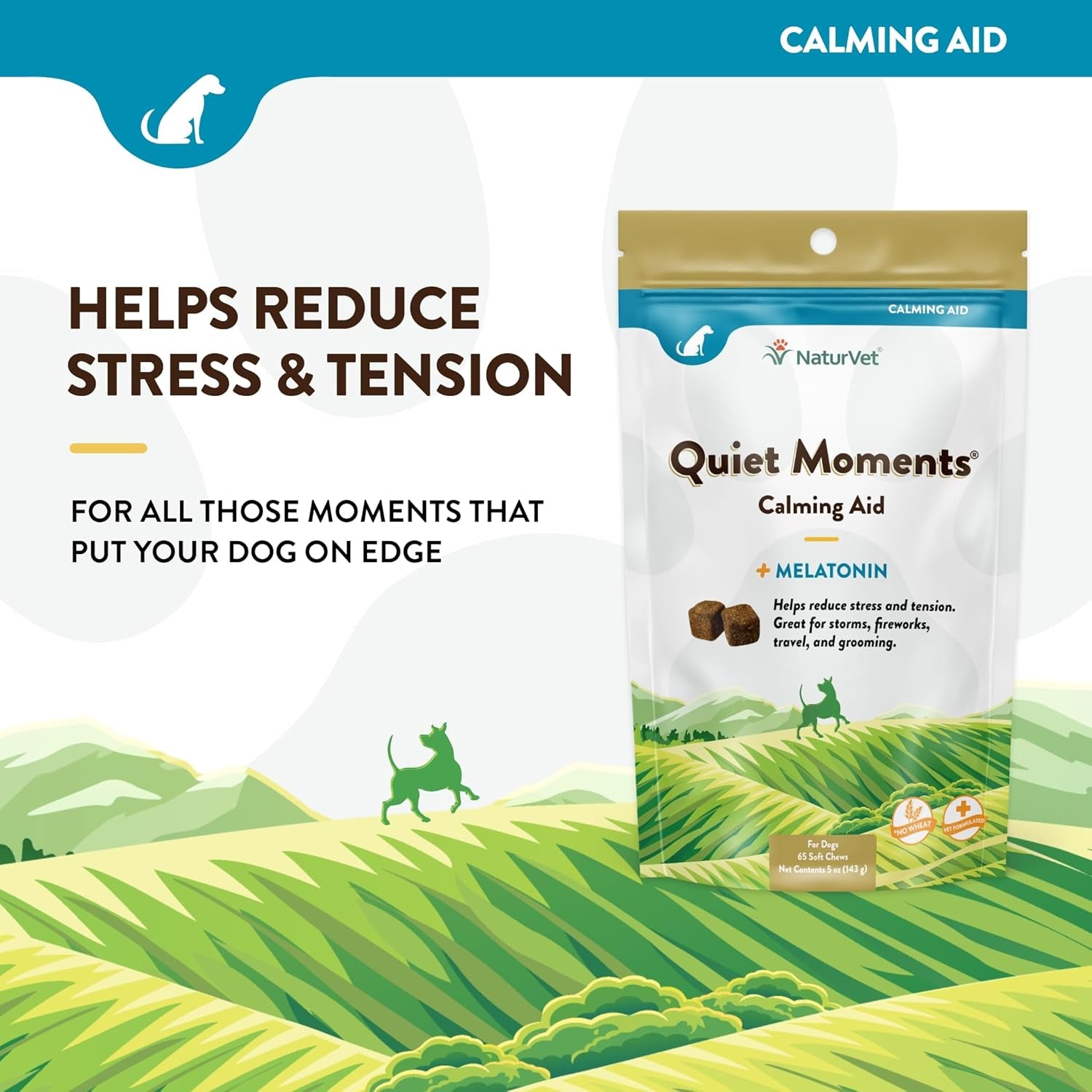 Quiet Moments Calming Dog Supplement, Dog Soft Chews with Melatonin to Help Reduce Stress from Storms, the Vet, Fireworks, and Travel, Bacon and Chicken Flavored Pet Supplement, 65 Count