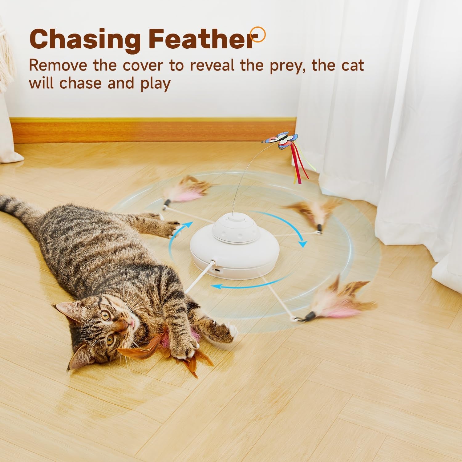 Cat Toys Chargeable, 3In1 Hide and Seek, Automatic Interactive Fun, Fluttering Butterfly, Moving Feather, Kitten Wand, Indoor Kitty Exercise Kicker 22.8 Inch Cover for All Breeds