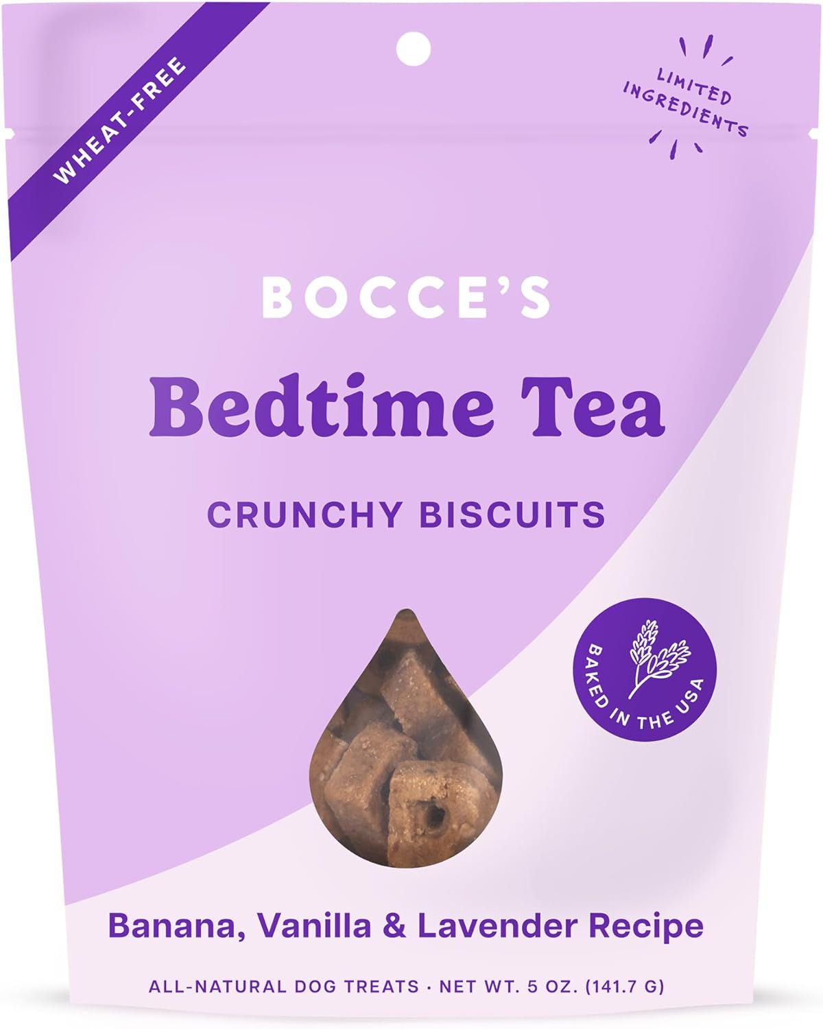 Oven Baked Bedtime Tea Treats for Dogs, Wheat-Free Everyday Dog Treats, Made with Real Ingredients, Baked in the USA, All-Natural Biscuits, Banana, Vanilla, & Lavender, 5 Oz