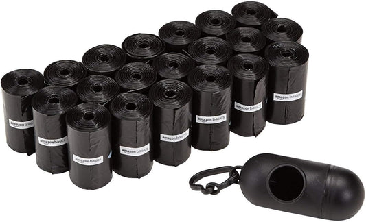 Dog Poop Leak Proof Bags with Dispenser and Leash Clip, Unscented, 300 Count, 20 Pack of 15, Black, 13 X 9 Inch