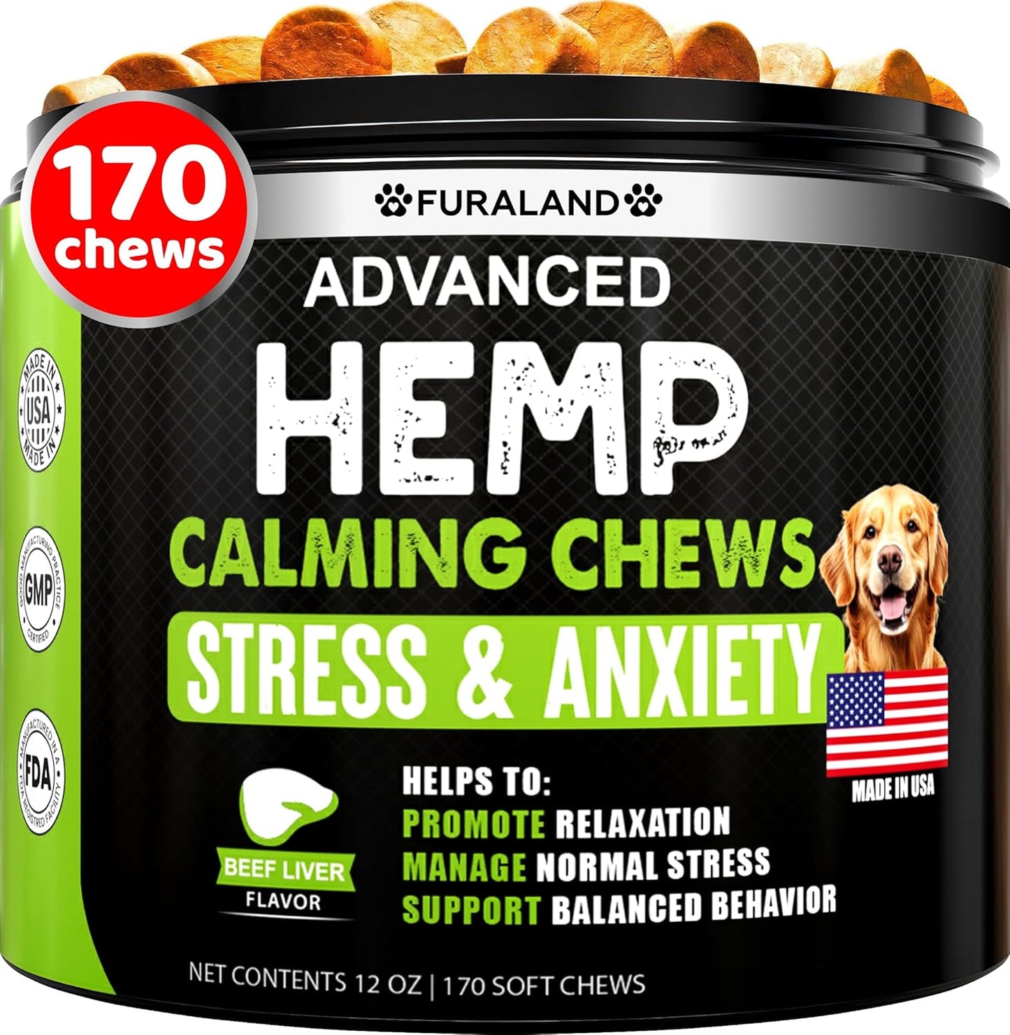 Hemp Calming Chews for Dogs Anxiety - 170 Dog Calming Chews - Anxiety Relief Treats - Dog Calming Treats - Hemp Oil - Sleep Calming Aid - Advanced Calming Health Joint Support Supplement - Made in USA