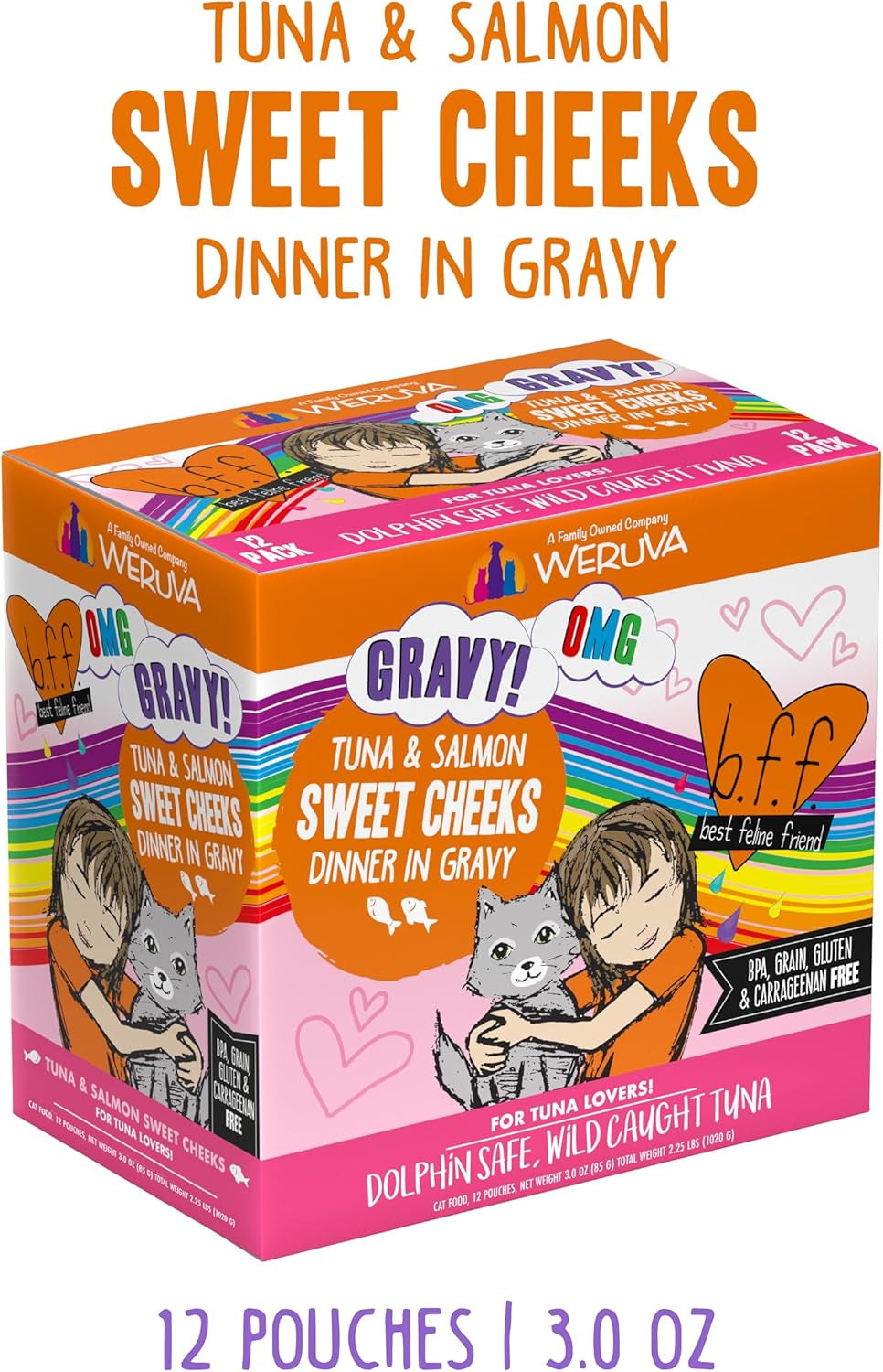 B.F.F. OMG - Best Feline Friend Oh My Gravy!, Tuna & Salmon Sweet Cheeks with Tuna & Salmon in Gravy Cat Food, 3Oz Pouch (Pack of 12)